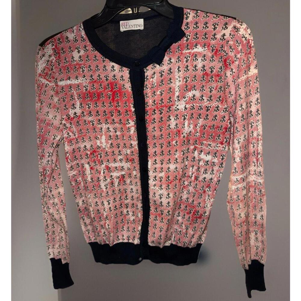 Red Valentino Sweater Cardigan Red Navy Sailor Marine Anchor Print Bow Size XS